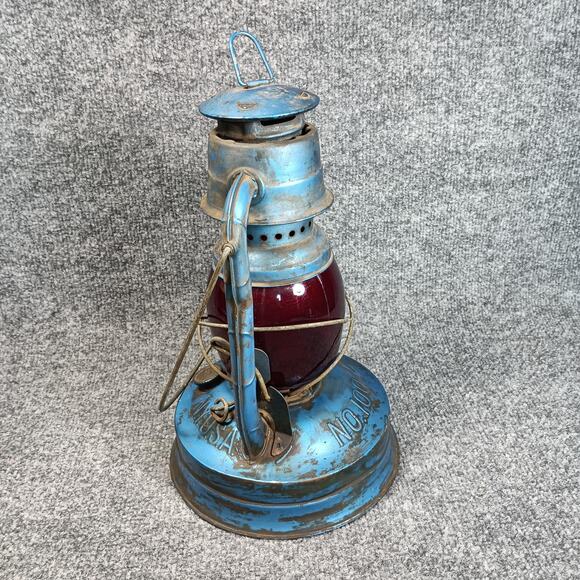 Vintage Dietz No. 100 Blue Kerosene Oil Lantern Red Globe CITY OF L.A. NY USA - Picture 2 of 11